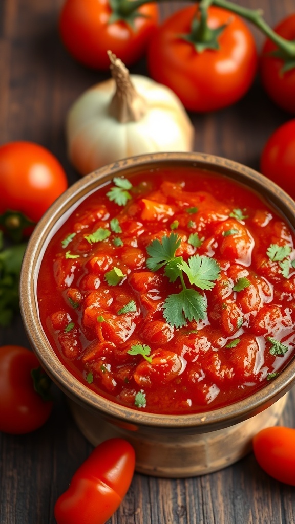 Spicy Onion Tomato Chutney Recipe A bowl of spicy onion tomato chutney with fresh tomatoes and onions on a rustic wooden table.